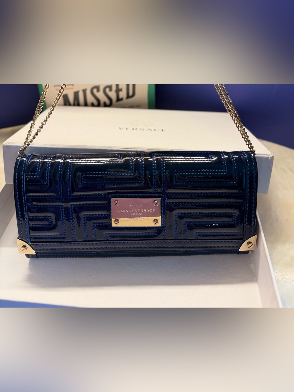 AUTHENTIC Gianni Versace Vintage Royal Blue Patent Leather Wallet Clutch Wit Box